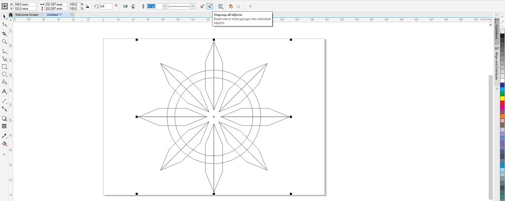 ungroup objek fitur dalam coreldraw