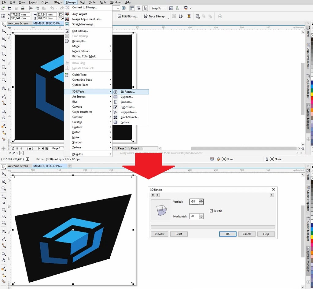 memberikan efek 3d rotate di coreldraw