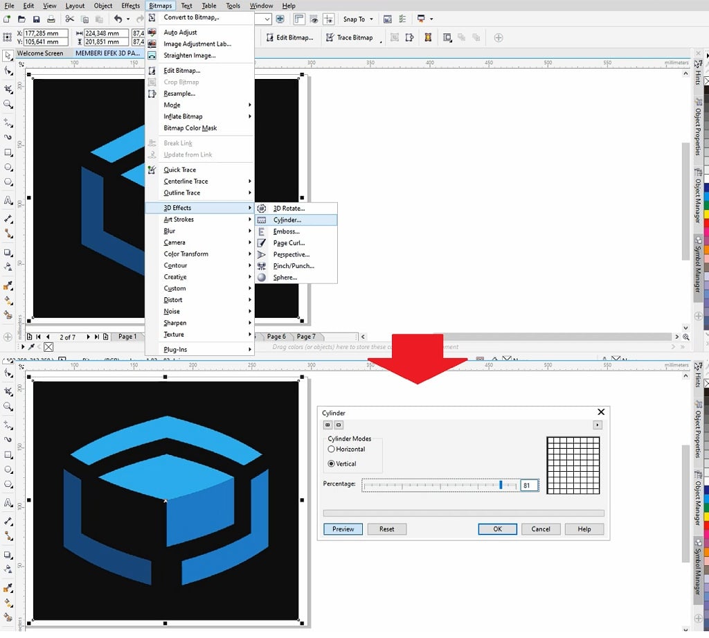 memberikan efek 3d cylinder pada coreldraw