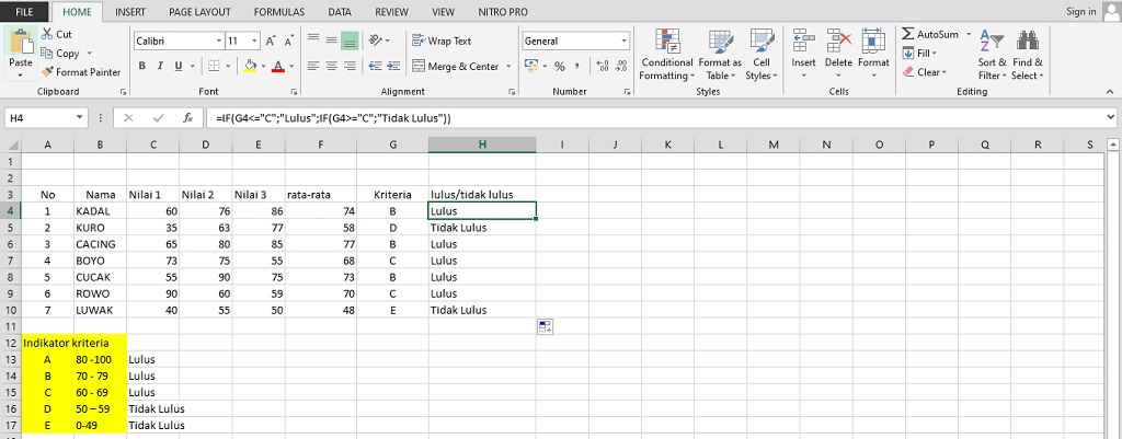 membuat keterangan lulus/tidak lulus di micrisoft excel