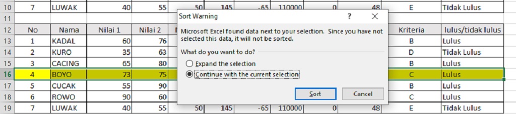 mengurutkan data dengan continue with the current selection